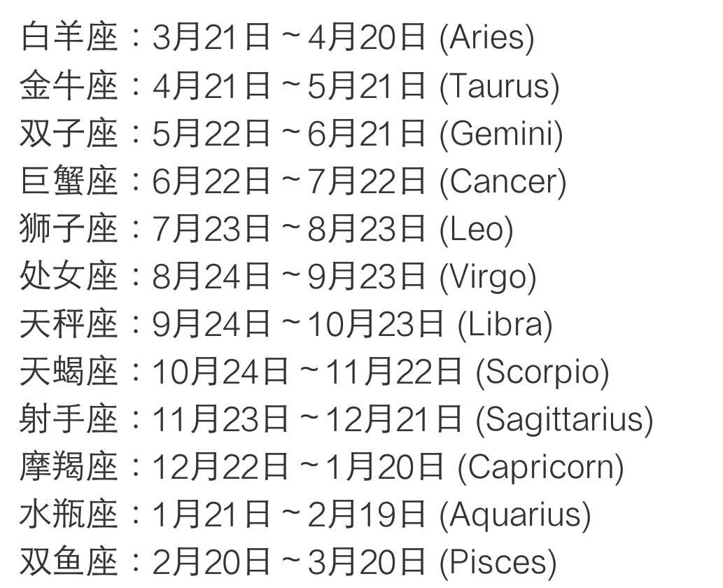 星座的划分日期 1～12月份星座表